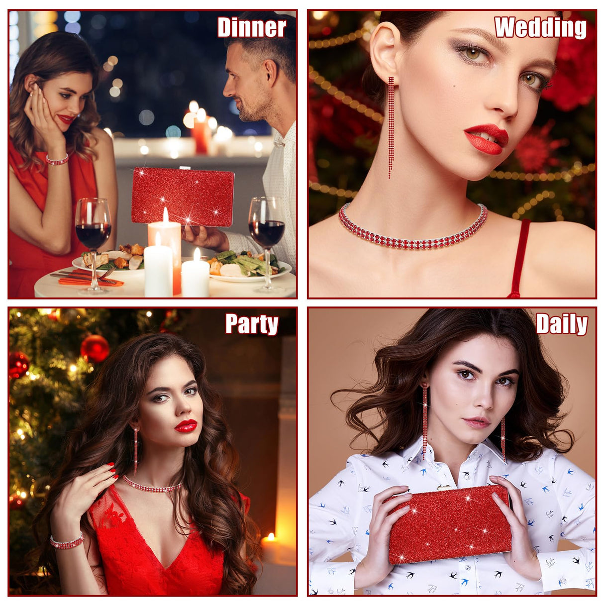 Kigeli 4 Pcs Women Rhinestone Clutch Purse Bling Jewelry Set,Red