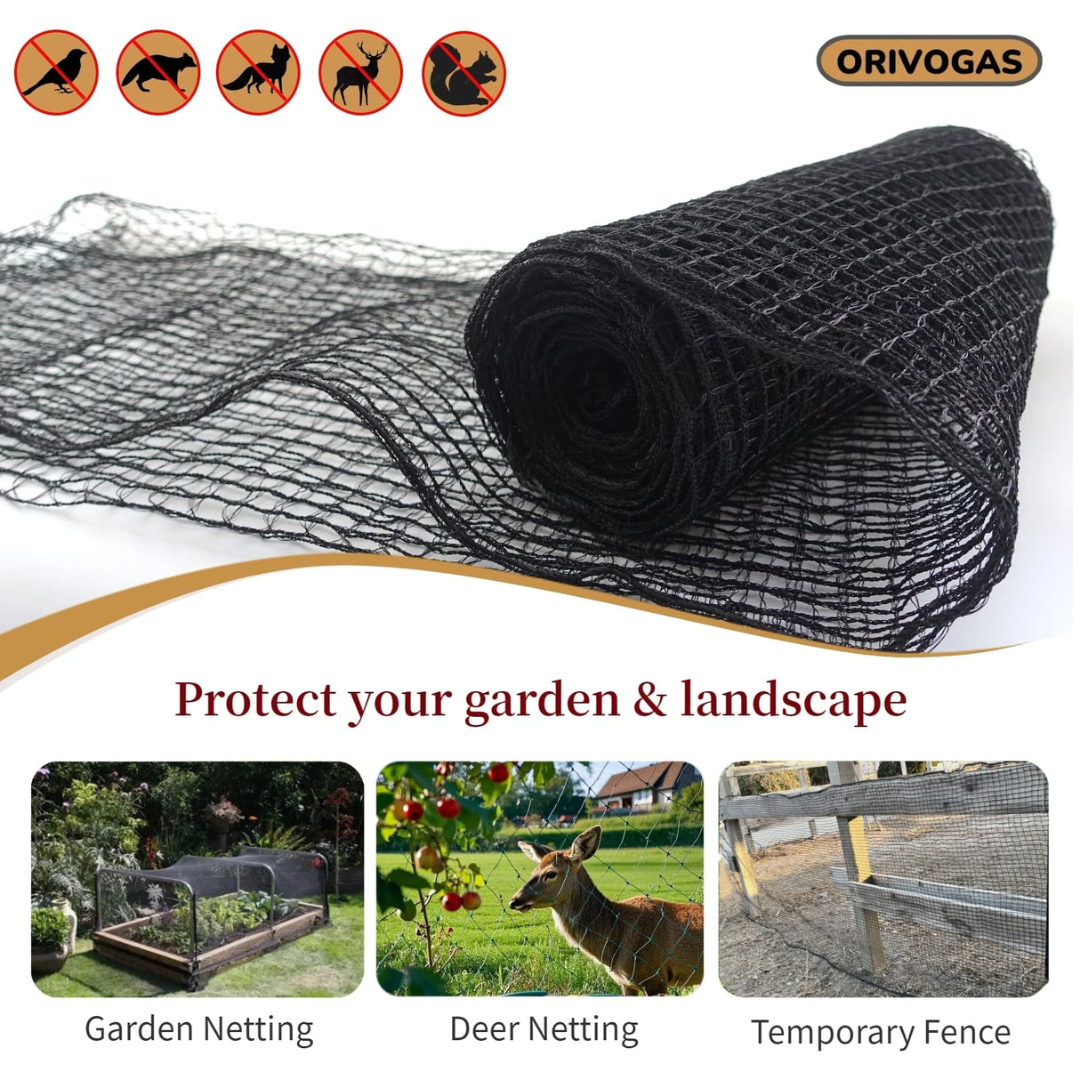 ORIVOGAS Deer Fence Netting,Plastic Mesh Fence 6.5x50ft,Reinforced Edges 55gsm Heavy Duty Animal Barrier,Ideal for Garden Netting,Against Bird,Temporary Fence,Fruit Plant Protection,Black