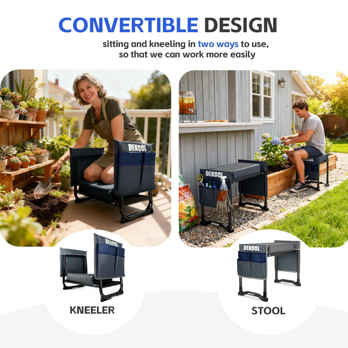 Dekool Garden Kneeler and Seat with Upgraded Wide & 3" Thick Kneeling Pad, Heavy Duty Garden Stool with 2 Large Tool Bags, Portable Bench for Weeding, Gardening Gifts for Women, Men, Seniors, Grey