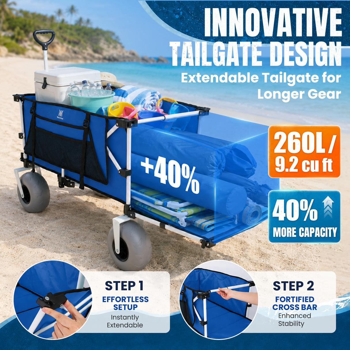 Navatiee 260L Beach Wagon with Extended Tailgate, 440lbs Heavy Duty Beach Cart with 9” Big Balloon Wheels for Sand, Collapsible Folding Wagon with Side Pocket for Outdoor, Blue