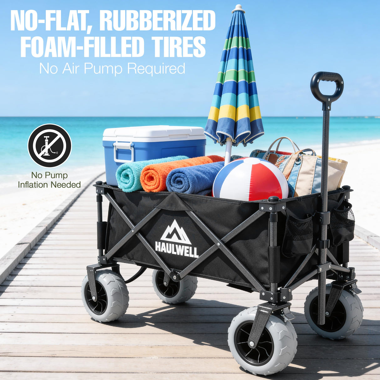 Beach Wagon with Big Wheels for Sand | Beach Cart for Sand | Collapsible Heavy Duty Beach Wagon for Kids, Camping & Outdoor | All Terrain Folding Cart | Haulwell | Black