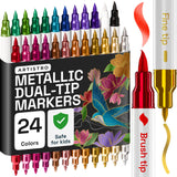 ARTISTRO 24 Metallic Dual Tip Brush + Fine Acrylic Paint Markers - Easy for All Ages & Levels Paint Pens for Fabric, Rock, Glass, DIY - Halloween Pumpkin Painting Kit, Art Supplies, Christmas Gift