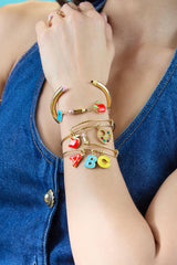Alex and Ani Teacher’s Multi Charm Textured Bangle - School-Inspired Charms: Paint Palette, Pencil, Red Apple, Gold Finish, Cute Bracelets for Women, Easy Stack