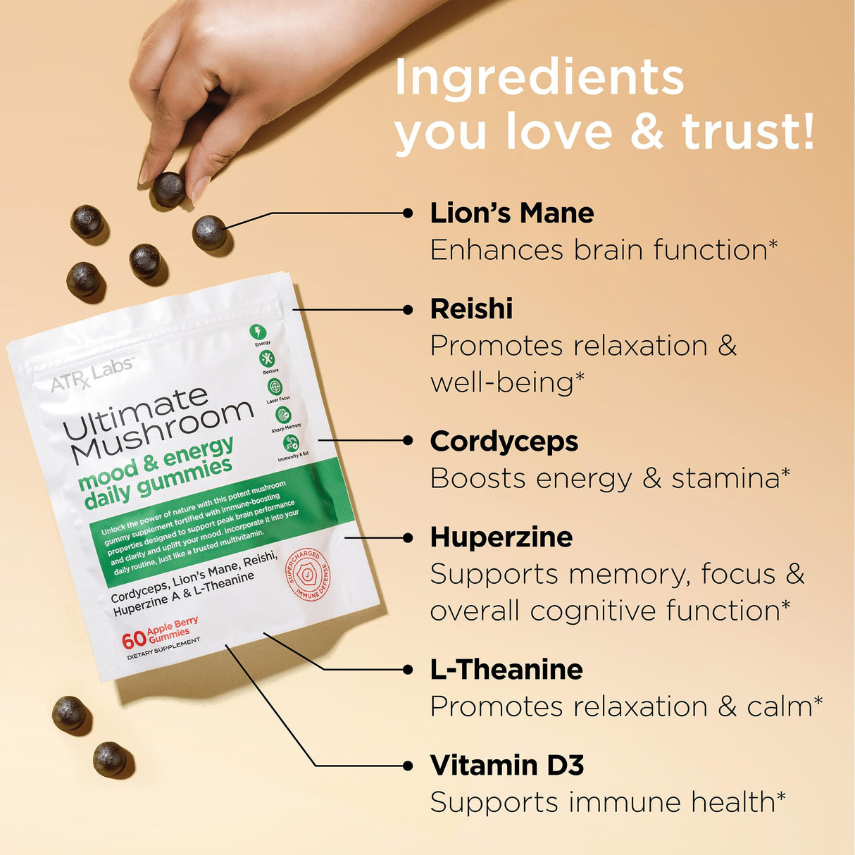 ATRx Labs Ultimate Mushroom Daily Gummies - Mushroom Gummies with Cordyceps, Lion’s Mane, and Reishi, Plus Huperzine A & L-Theanine, May Improve Mood and Energy, Apple Berry Flavor, 60 Gummies