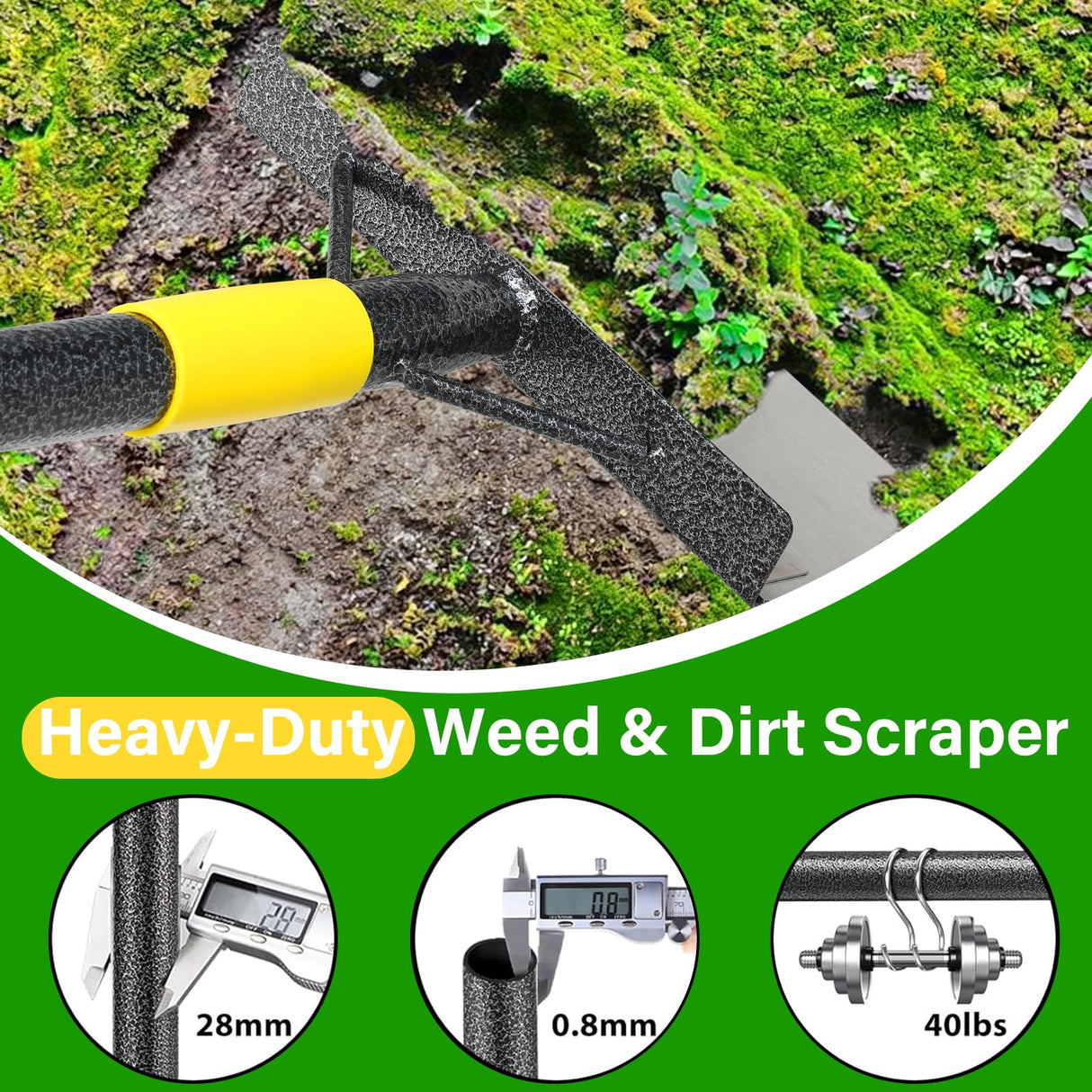 Weed Scraper Tool for Driveway Cracks, Long Handle Floor Scraper for Removing Weeds, Moss & Dirt, Heavy Duty Rustproof Metal Blade, Stand-Up Weeder for Sidewalk, Patio & Lawn Edging