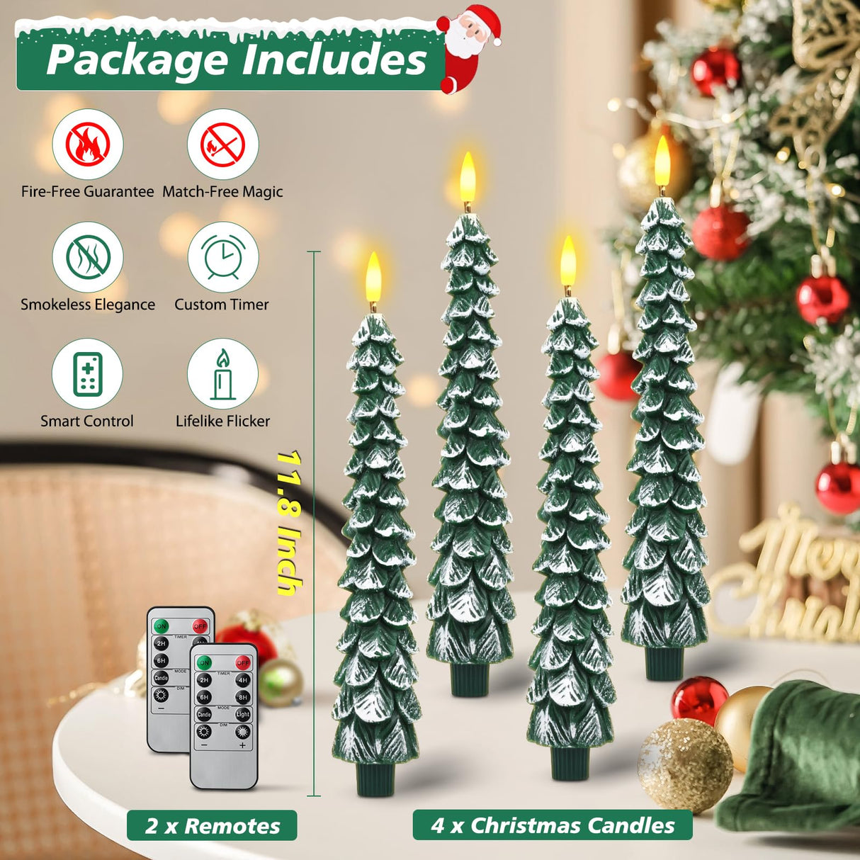 Flameless Candles with Remote – 4 Pack Christmas Tree Candles, Battery Operated Snowy Tree Design, 3D Flickering Flame, Safe Holiday Home Decor for Christmas Decorations & Gifts