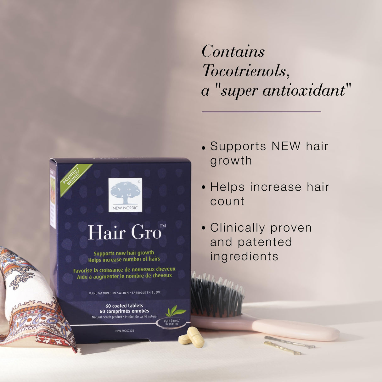 NEW NORDIC Hair GRO, Hair Growth Supplement, Biotin & Palm Fruit Extract Tocotrienols for Natural Regrowth, 60 Count (Pack of 3)