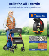 VOCIC Walkers for Seniors, Z21 Rollator Walker with Seat Supports 350lb, 8" Big Wheels for All Terrain, Ergonomic Arc Seat & 6" Ultra Backrest Foldable Walker, Dual Height Adjustment, Lightweight 2025