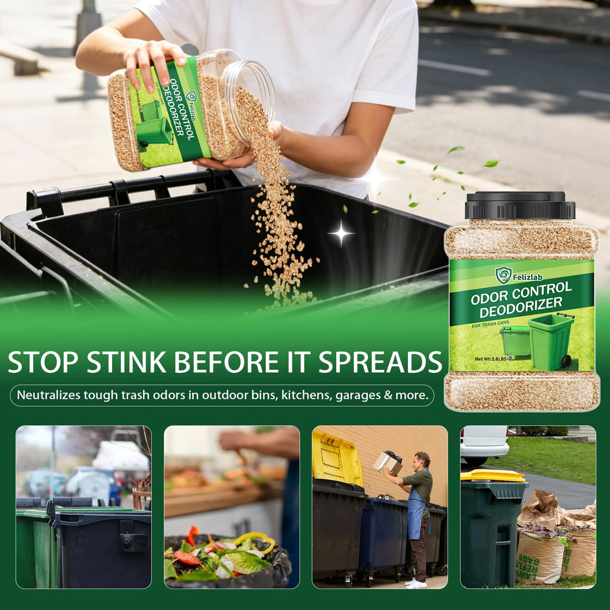 Outdoor Trash Can Deodorizer 2.6 lbs, Industrial Strength Garbage Odor Eliminator & Moisture Absorber for Trash Cans, Outdoor Waste Bins & Recycling Containers, Heavy Duty Long Lasting Odor Control