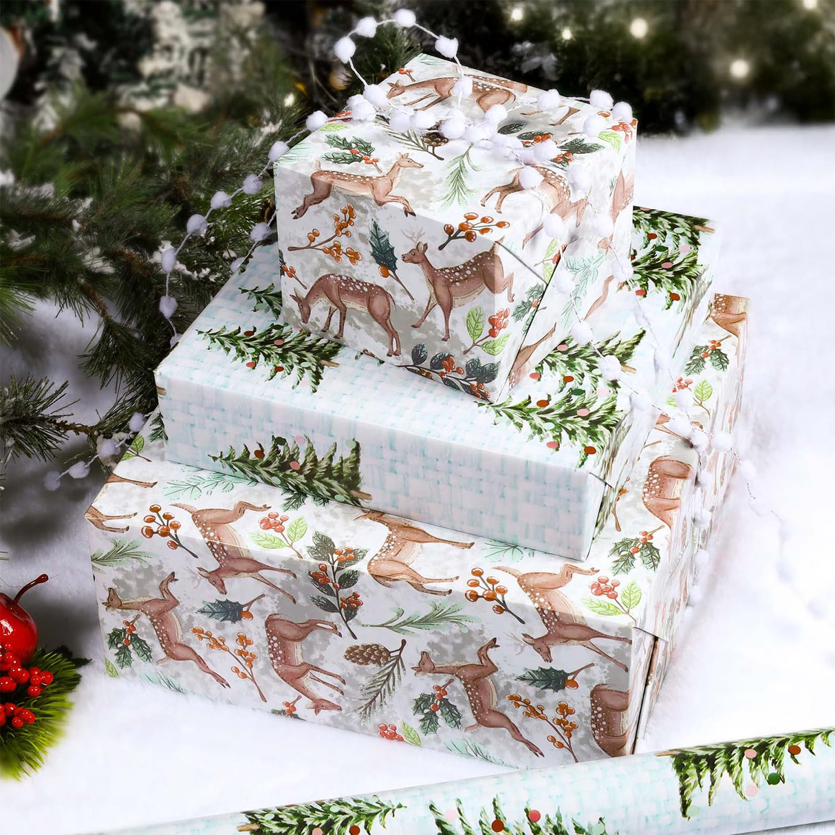 BIOBROWN Reversible Christmas Wrapping Paper - Jumbo Roll - 30 Inch X 33 Feet (82.5 sq. ft. ttl.) - Doe Floral Design Perfect for Xmas, Party, Holiday Gift Wrap
