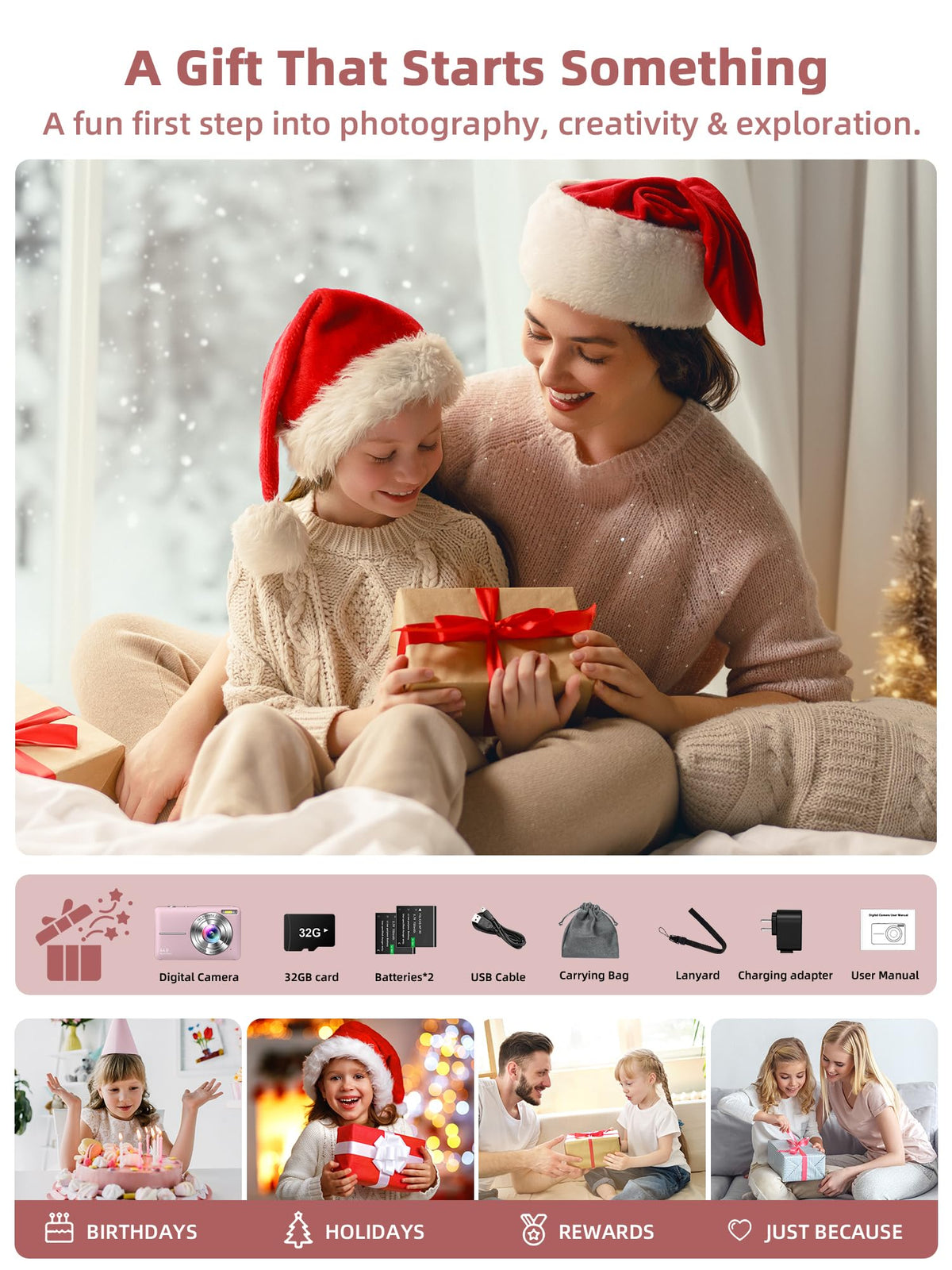 Camkory Digital Camera FHD 1080P with 32G Card 16X Zoom Easy for Kids Pink