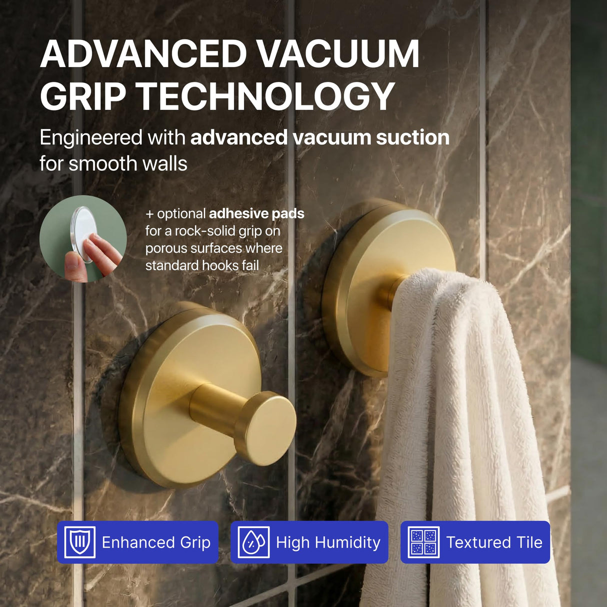HOME SO Suction Cup Hooks for Shower & Bathroom Towel Holder 2-Pack – Suction Cups Hooks for Hanging Towels, Robes, & Coats - Tiles, Glass Door or Mirror – Shower Hooks & Towel Hooks Organizer - Gold