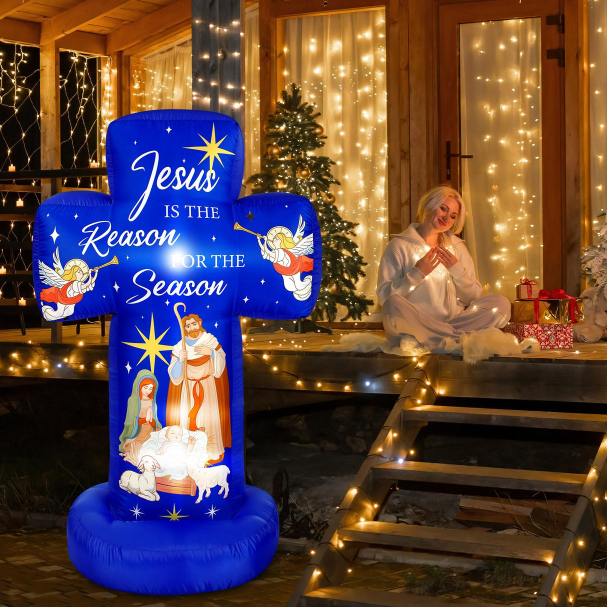 Civaner 6FT Christmas Inflatable Nativity Scene Decoration with Built in LED Lights, Jesus is The Reason for The Season Christmas Holy Nativity Decoration for Xmas Outdoor Yard Garden Lawn