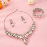 Paxuan Elegant Bridal Wedding Jewelry Set for Women / Brides / Bridesmaids Teardrop Crystal Leaf Cluster Jewelry Set for Wedding Prom Party Bridal Bridesmaids Rhinestone Crystal Necklace Earrings Bracelet Set (White(Silver))
