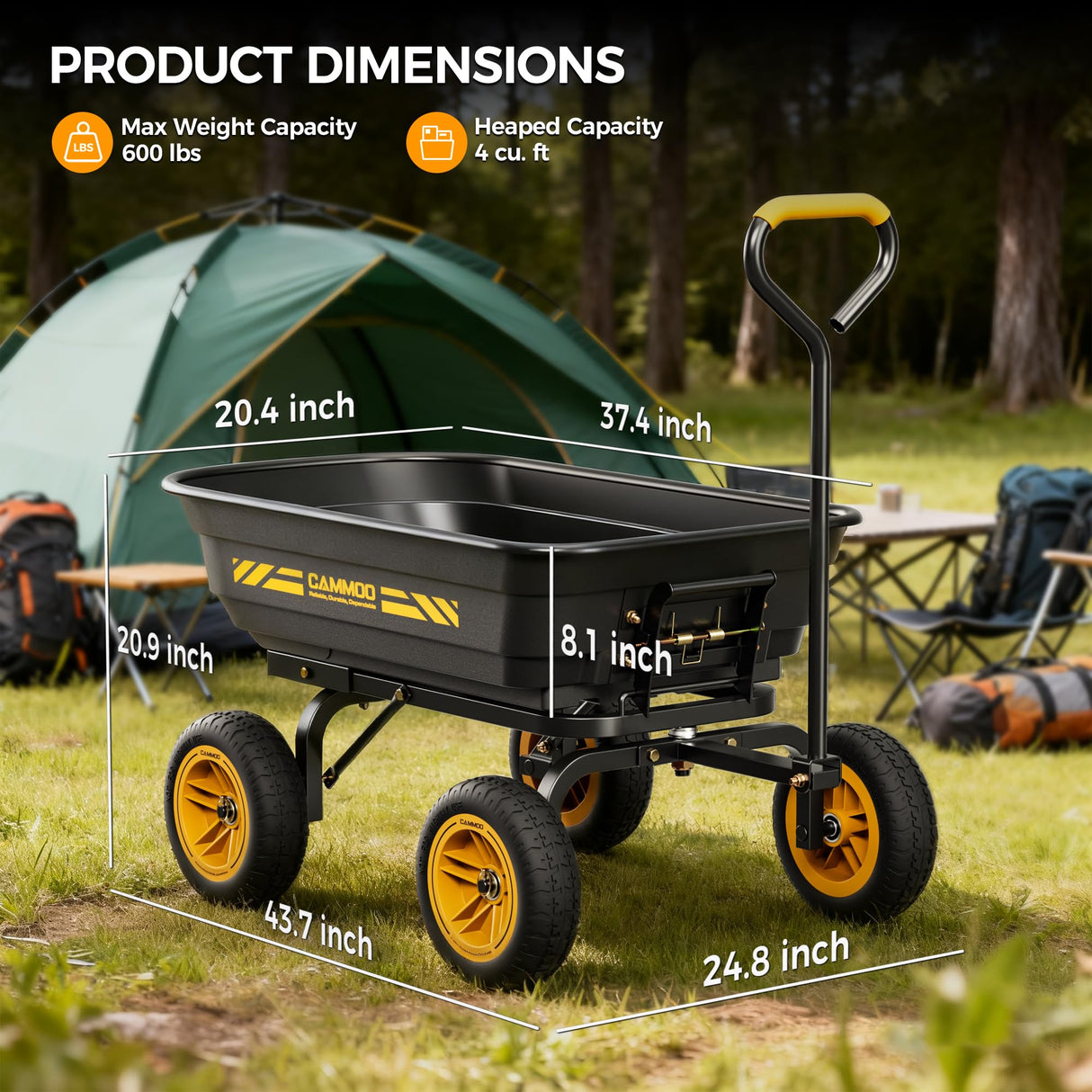 CAMMOO 10 Inch No-Flat Tires 600 lb Garden Dump Cart 4 Cu.Ft.