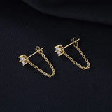 Reffeer 925 Sterling Silver CZ Chain Studs Earrings Dangle for Women Teen Girls CZ Chain Drop Earrings Studs (B-Gold)