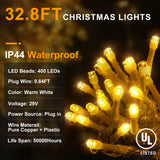 KNONEW Christmas Lights Outdoor Decorations 400 LED 33ft 8 Modes Curtain Fairy String Light with 75 Drops, Clear Wire LED String Light Indoor Decor for Wedding Party Christmas Decorations Warm White