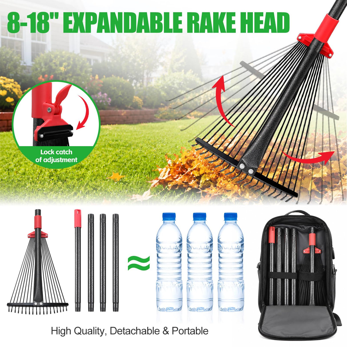 76Inch Adjustable Metal Leaf Rake, 18 Metal Tines Heavy Duty Leaves Rake for Lawns with 8-18" Expandable Head Long Handle Garden Rakes for Women Kids Leaves Yard Gardening Grass Outdoor Camping Debris