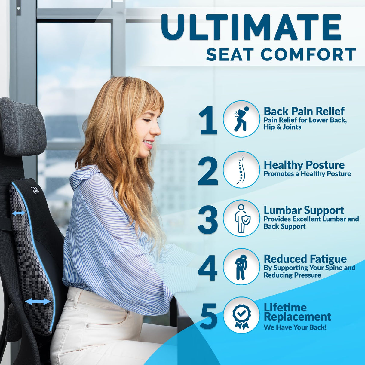 ComfiLife Lumbar Support Pillow for Office Chair – Premium Memory Foam Lumbar Pillow – Back Support for Office Chair, Car – Back Pain Relief, Improves Posture – 3 Adjustable Straps, Mesh + Leatherette