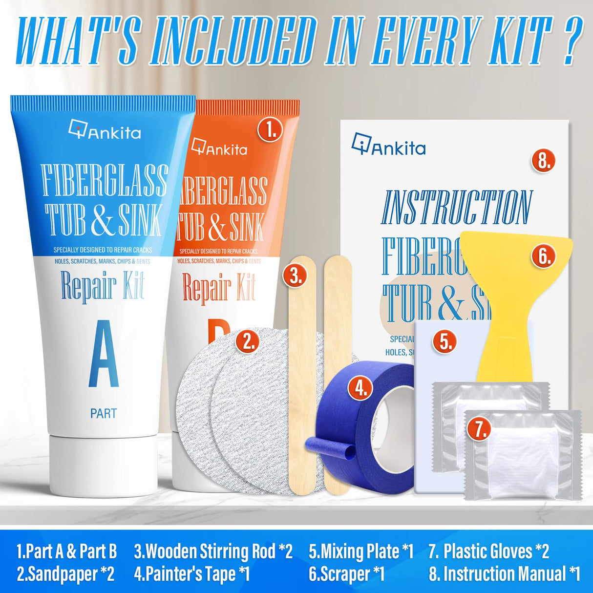 Tub Repair Kit White, Tub Chip and Bathtub Repair Kit for Enamel, Fiberglass, Acrylic, Porcelain, Patch and Repairs Chips, Crack, Scratches, Rust, Holes on Tubs, Toilet, Sink, Shower, Tray in Bathroom