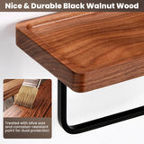 TOKCKYBL Toilet Paper Holder with Walnut Wood Shelf - Wall Mount & Self-Adhesive Bathroom Tissue Holder, Black Stainless Steel with Walnut Shelf for Phone - Home Apartment Restroom Decor Essentials