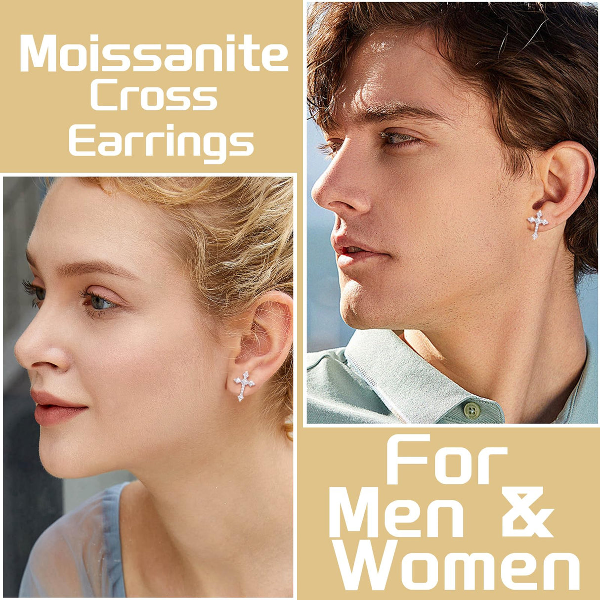 Moissanite Cross Earrings for Men Women, 0.5 Carats 18k Gold Plated Sterling Silver Cross Stud Eearrings D Color VVSI Moissanite Stud Earrings Crucifix Jewelry (Silver)
