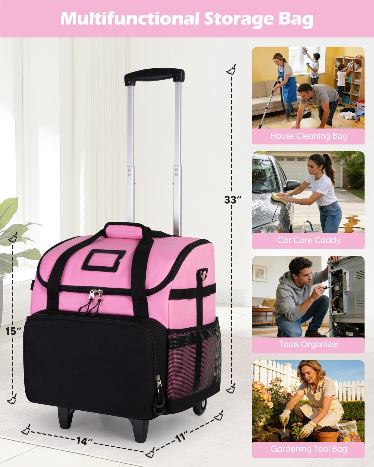 Marscamd Large Rolling Cleaning Caddy Bag with Detachable Trolley, Cleaning Supplies Organizer with Wheels for Housekeepers, Pink