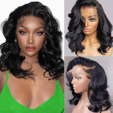 Bob Wig Human Hair 13x6 Body Wave HD Lace Front Wigs Human Hair 200% Density Glueless Lace Frontal Wigs Human Hair Pre Plucked Short Bob Wigs for Black Women Natural Black 14 inch Wavy Human Hair Wig