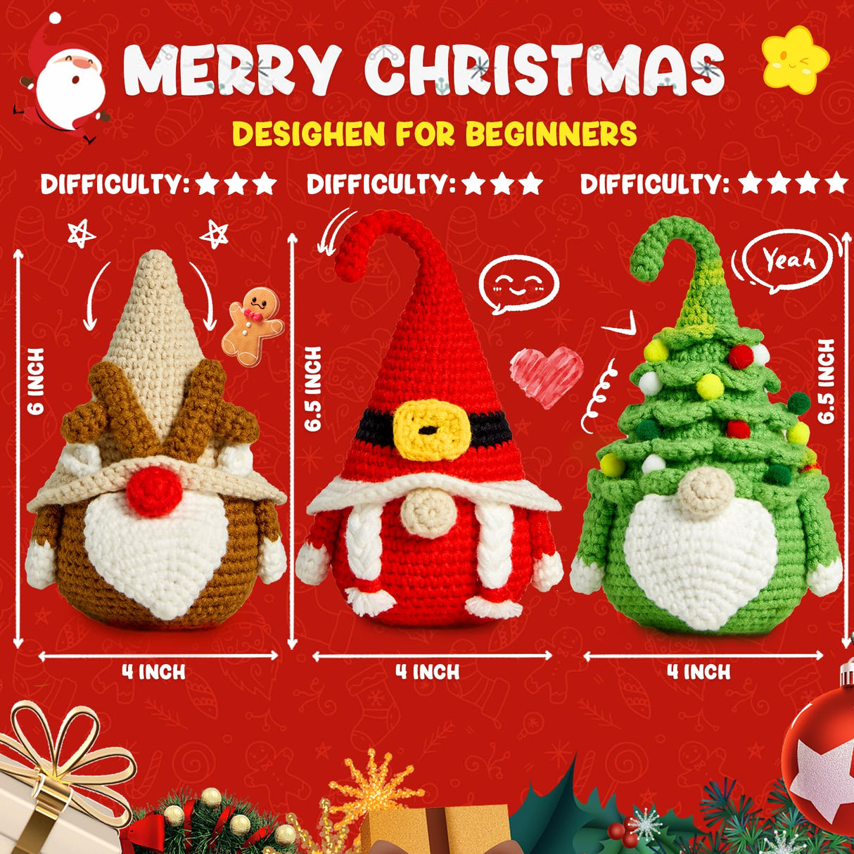 MAGIMUSE Christmas Crochet Kit for Beginners, Crochet Starter Kits for Adults Amigurumi Craft Knitting Crochet Animals Kits with Step-by-Step Video Tutorials, 3 Pack Gnome (40%+ Yarn)