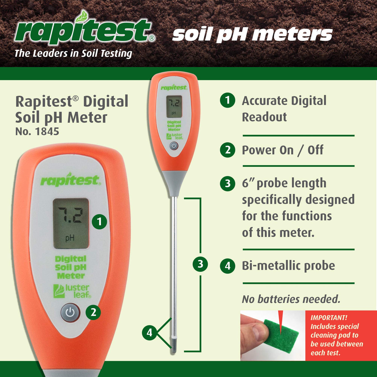 Luster Leaf Rapitest Digital Soil pH Meter. Designed and Engineered in the USA.