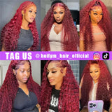 99j Burgundy Lace Front Wigs Human Hair 13x4 Deep Wave Lace Front Wigs Human Hair Pre Plucked 180 Density HD Transparent Wet and Wavy Red Color Curly Wig Human Hair for Women with Baby Hair 24inch