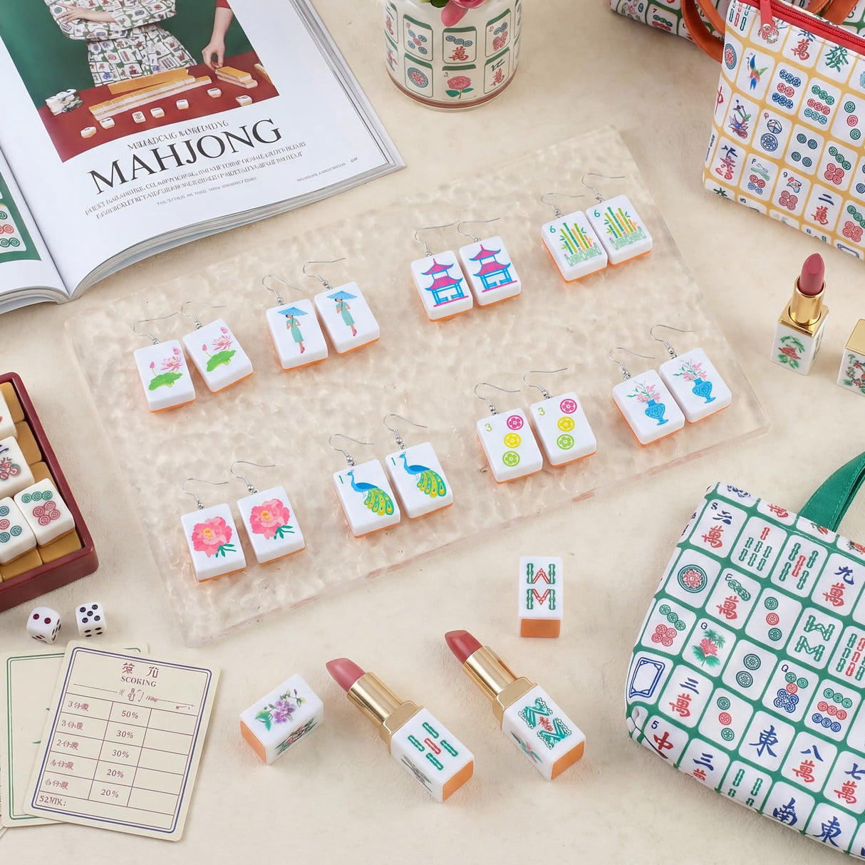 Highergo 8 Pairs Mahjong Drop Earrings for Women Handmade Resin Dangle Earrings with Hook Closure Funny Jewelry Gift for Mahjong Tile Lovers Birthday
