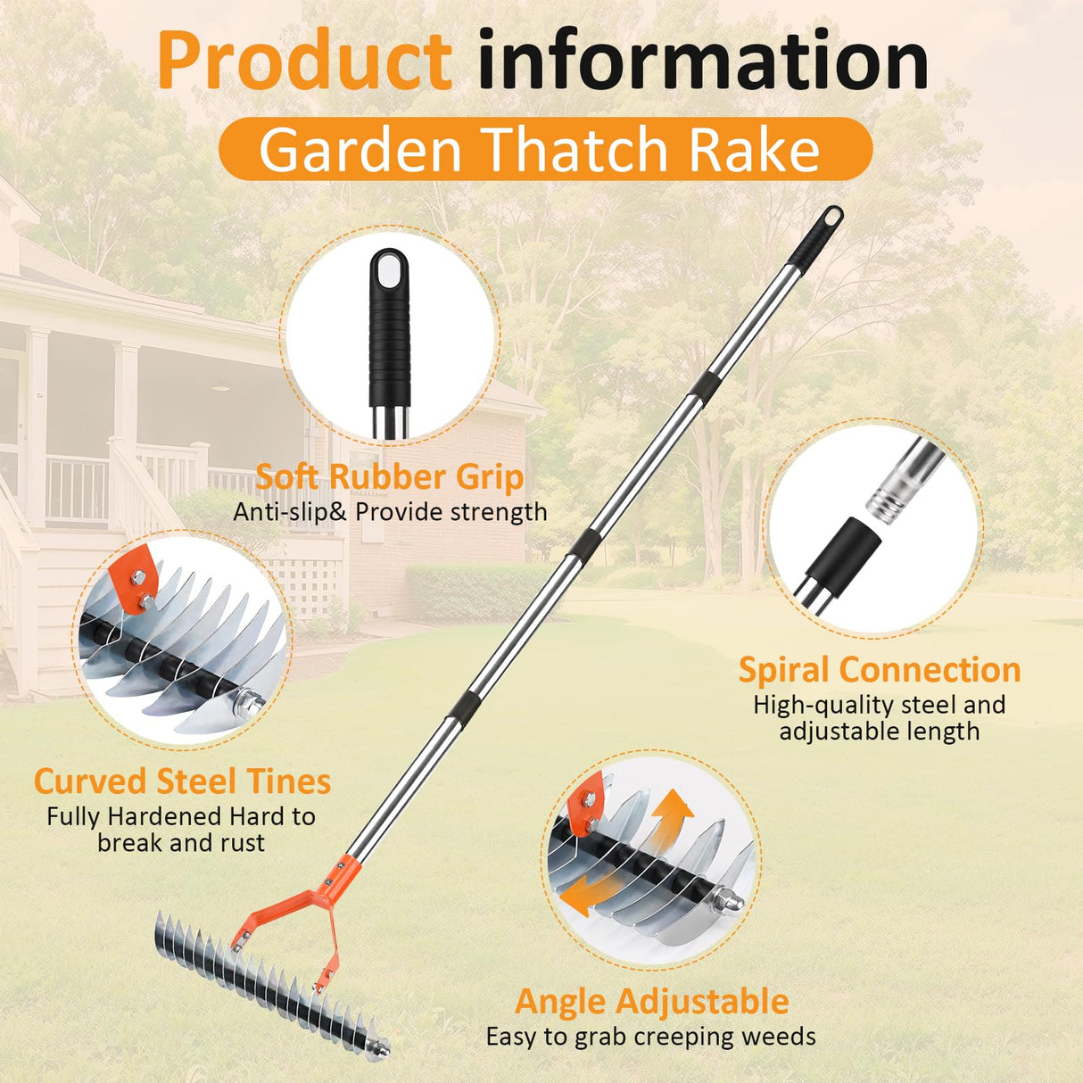 Thatch Rake -15 Inch Dethatcher Rake with Adjustable Handle, Efficient Steel Metal Rakes with Handle,Heavy Duty Thatching Rakes for Lawn,Garden, Yard
