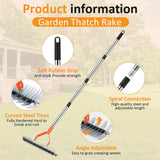 Thatch Rake -15 Inch Dethatcher Rake with Adjustable Handle, Efficient Steel Metal Rakes with Handle,Heavy Duty Thatching Rakes for Lawn,Garden, Yard