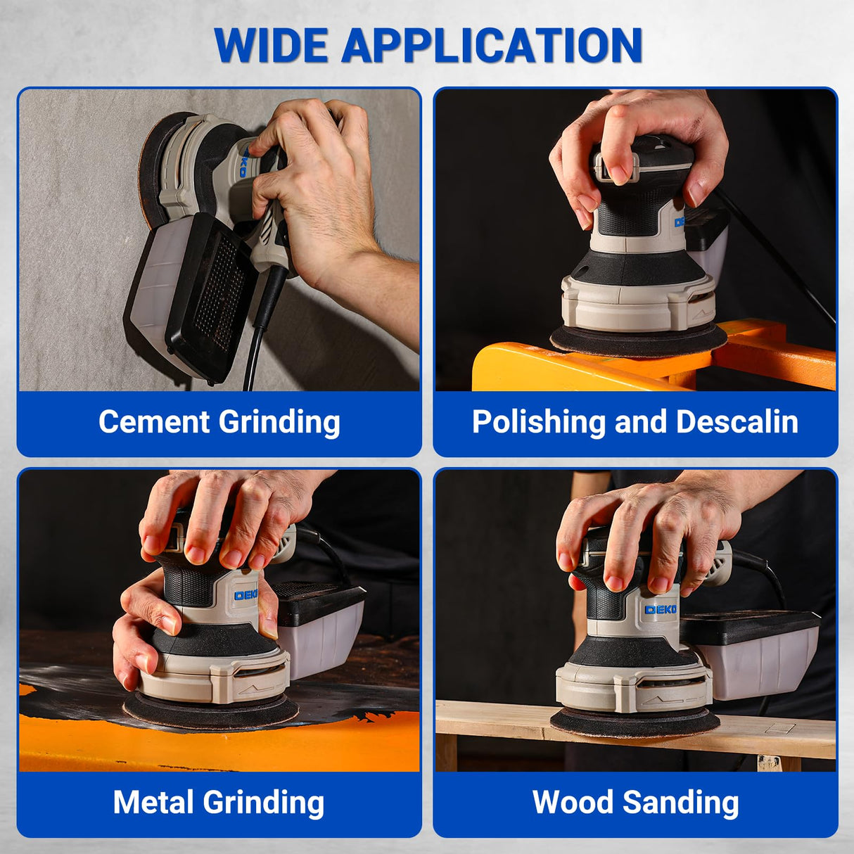 Orbital Sander Corded Hand Sander: DEKOPRO 5" Random Orbital Sander with Dust Box, 6 Various Speeds Electric Palm Sander with Dust Box, 16Pcs Sandpapers for Woodworking & Sanding (Blue)