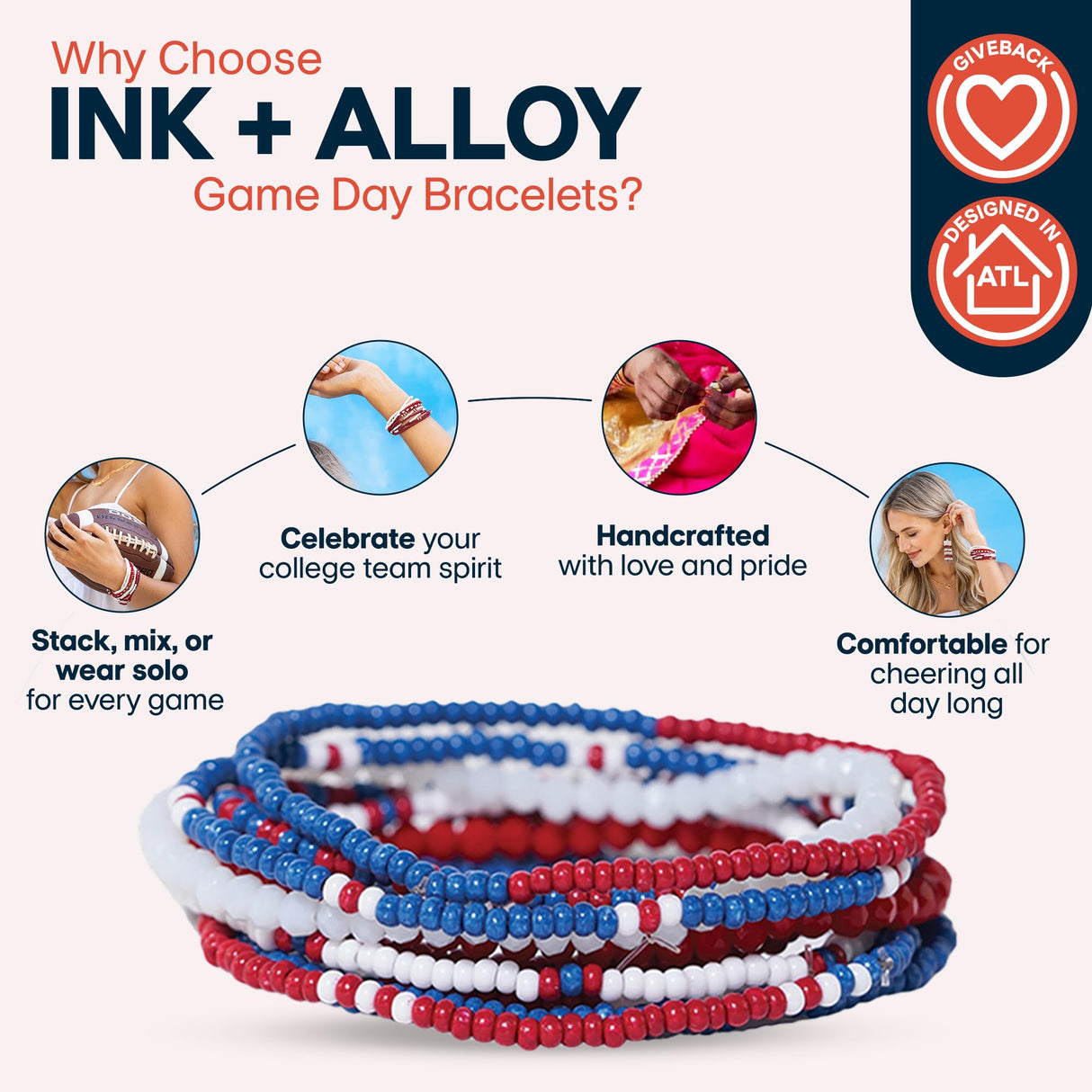 INK + ALLOY Game Day Bracelets for Women, Beaded Bracelet Stacks for Fans, Handmade Jewelry for College Students, Teachers, Team Gifts, Set of 10 (Red, White + Blue)