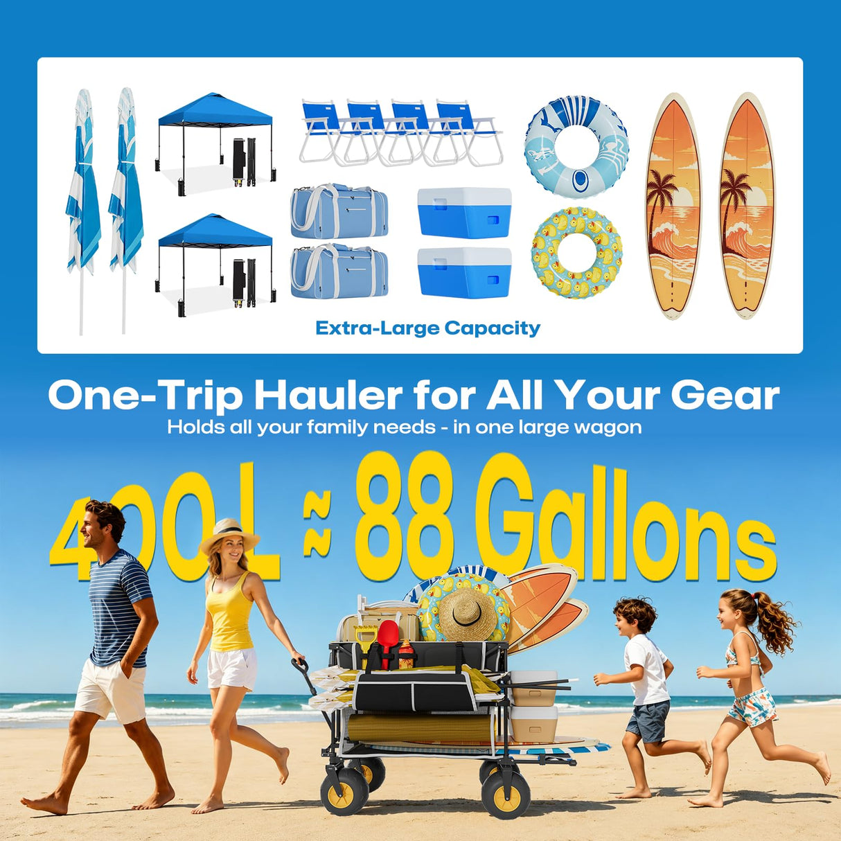 VELUVIA 400L Double Decker Beach Wagon with Big Balloon Wheels for Sand