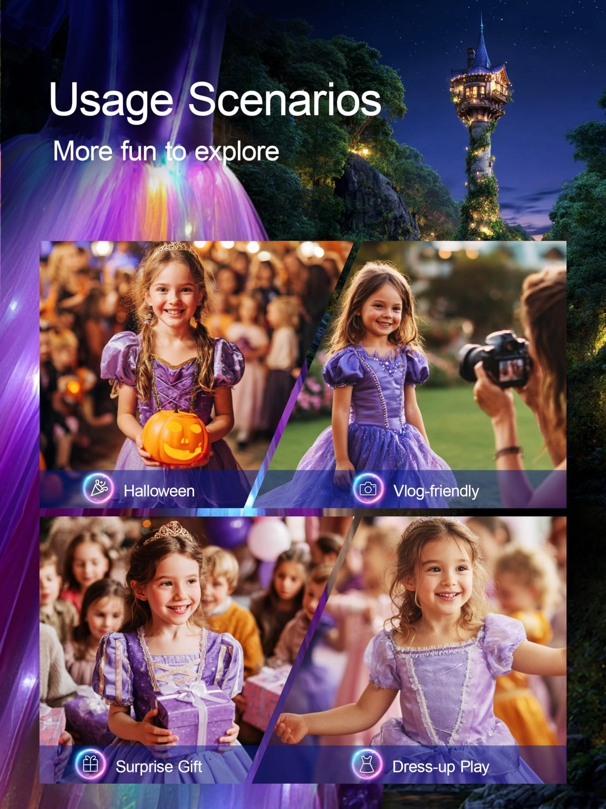 Princess Costume for Girls 3-9, RGB Lights Music Sync Princess Dress Up Clothes Girls Halloween Costumes with Accessories, Toddler Princess Dress App Remote Control for Birthday, Party, Christmas