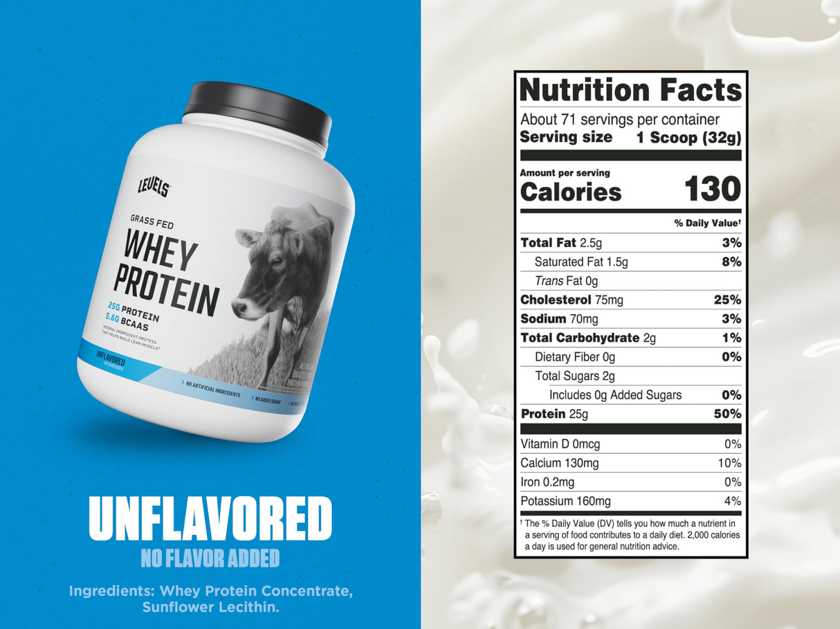 Levels Grass Fed Whey Protein Powder, No Artificials, 25G of Protein, Unflavored, 5LB