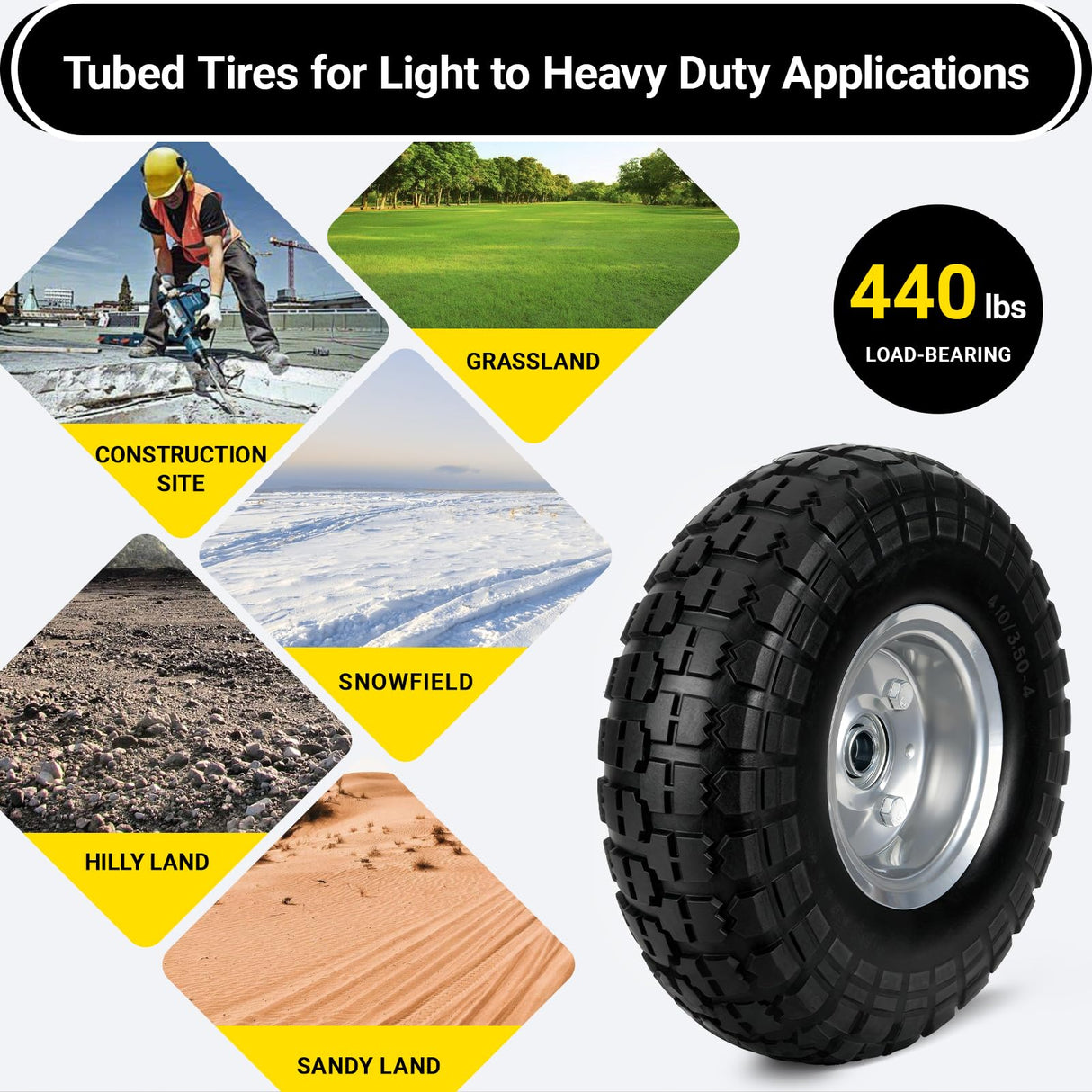 4.10/3.50-4 Flat Free Tire Wheels 10 Inch, (2 PICK) Solid Rubber Puncture Proof Airless Wheels with 5/8" Bearings 2.2" Offset Hub for Hand Truck, Dolly Gorilla Cart, Wheelbarrow, Outdoor Utility Cart