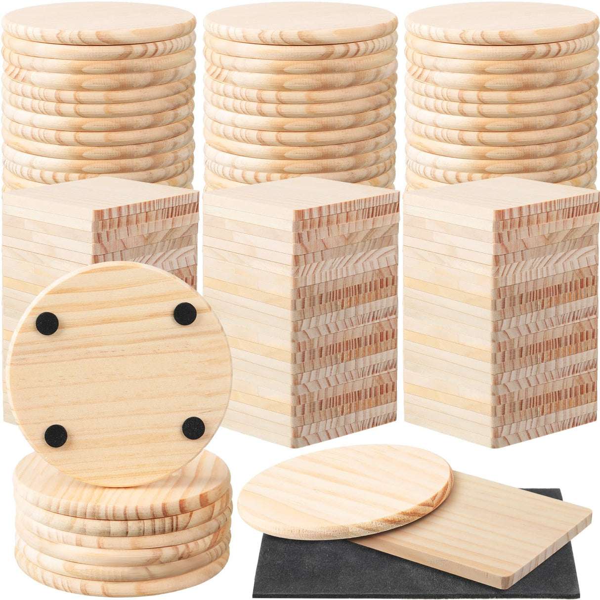 Hushee 96 Pcs Unfinished Wood Coasters 4 Inch Blank Wooden Coasters for Crafts with Non Slip Foam Pad Stickers Wooden Craft Tabletop Protection for Christmas DIY Painting Engraving Home Decoration