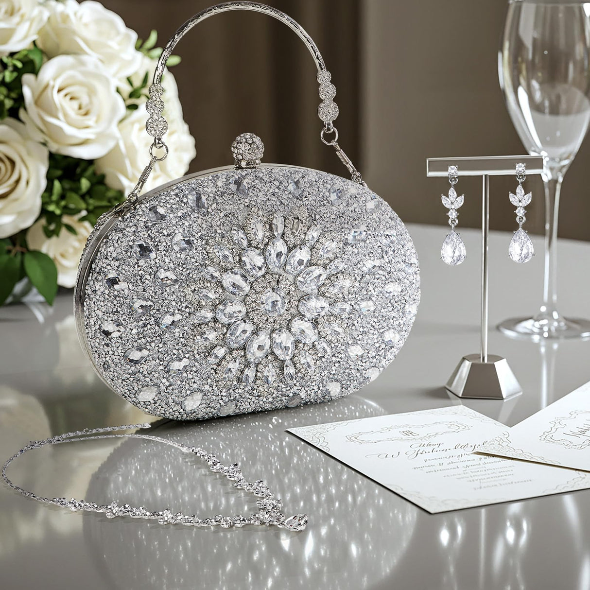 Quelay 4 Pcs Purse Rhinestone Jewelry Set for Wedding Bridal Women Evening Clutch Bag Necklace Dangle Earrings Bracelets(Silver,Stylish Style)
