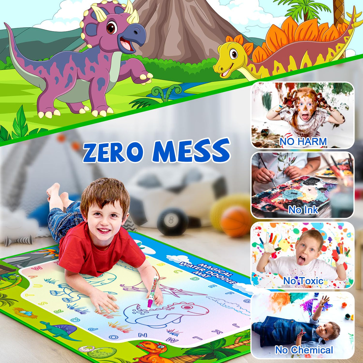Water Doodle Mat for Kids 32x40 Inch, Mess Free Coloring Mat Educational Toy for 3 4 5 6 7 8 Years Old Girls & Boys, Neon Color Mat Doodle Board Writing Drawing Toys Holiday Christmas Birthday Gifts