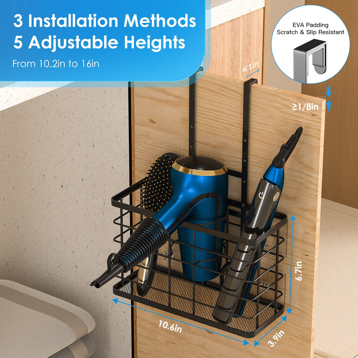 Hair Tool Organizer, Dryer Holder, 3 in 1 Blow Bathroom Organizer Wall Mounted/Cabinet Door for Flat Iron, Curling Straightener, Care & Styling Tools Storage Basket