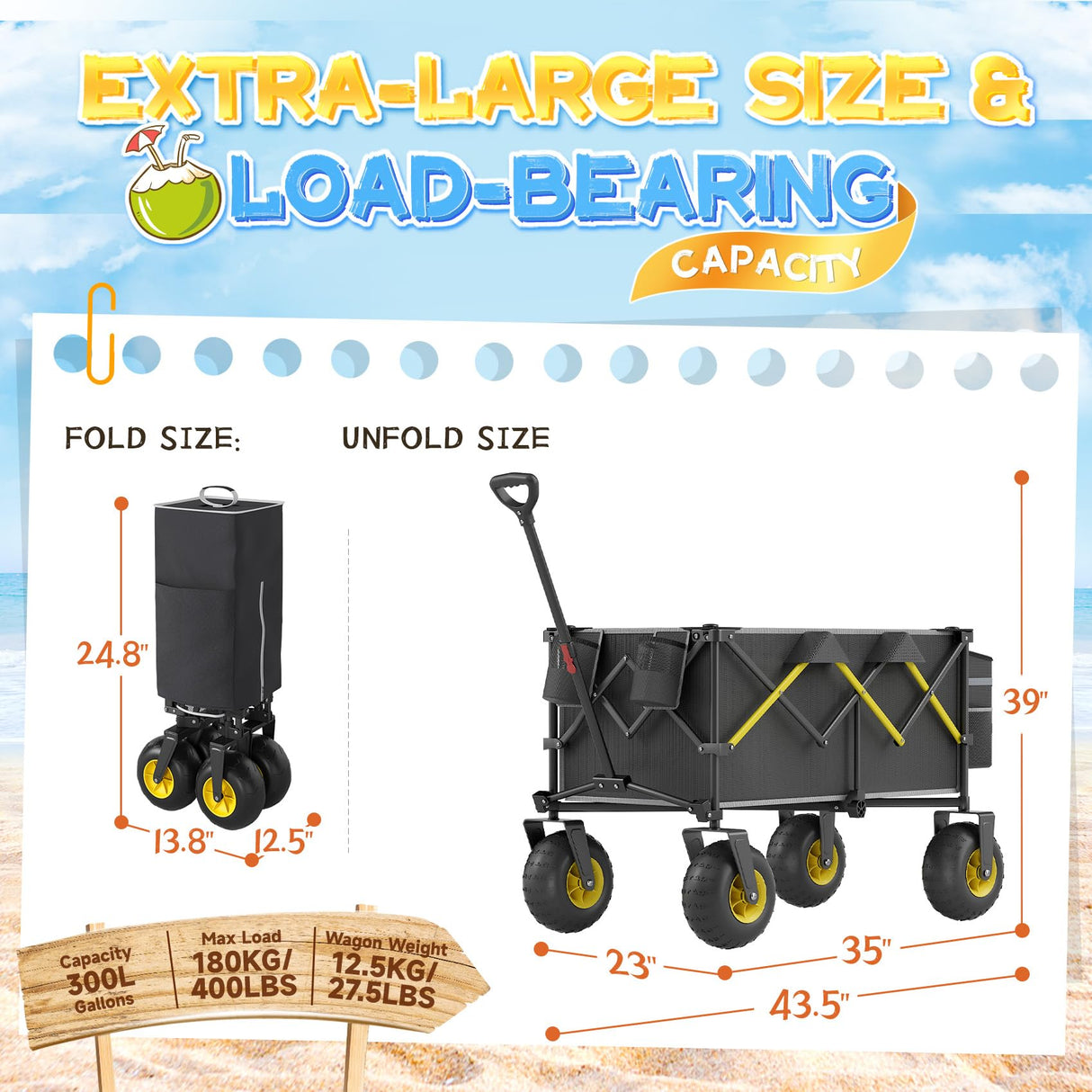 CAtArt Beach Wagon with Big Wheels for Sand, 400LBS Foldable Wagons Carts