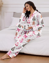 SHESHOW Satin Christmas Pajamas for Women Long Sleeve Winter Pjs Cute Bow Christmas Pajamas Sets L