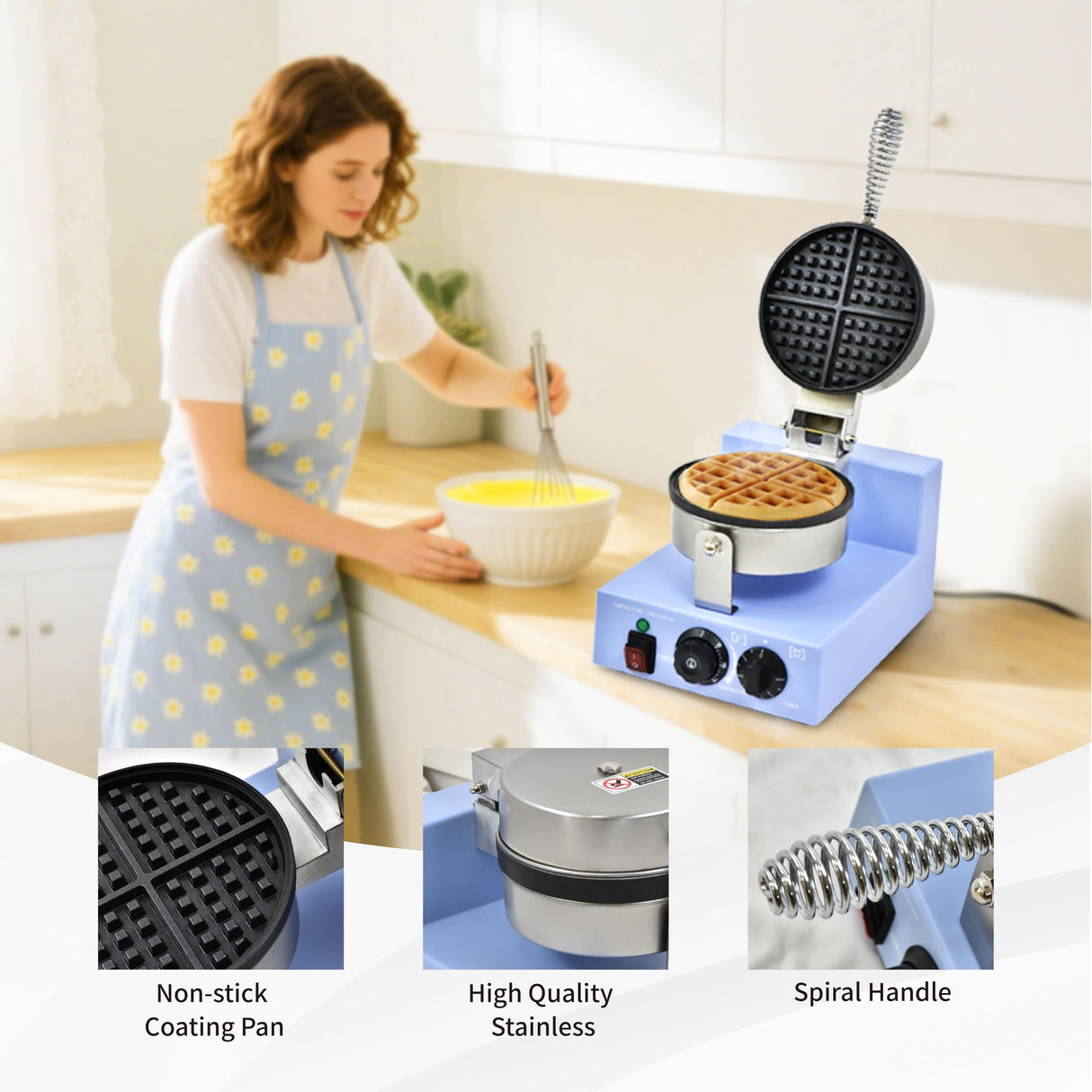 Commercial Waffle Maker, 1200W Round Waffle Iron Machine with Timer & Temp Control, Nonstick Plates, Heat-Resistant Shockproof Non-Conductive Plastic Body (110V, Sky Blue)