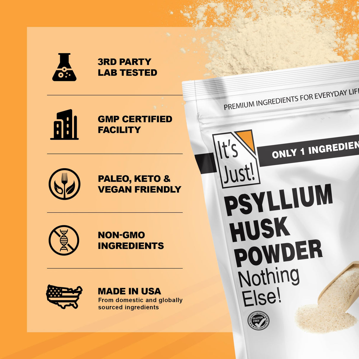 It's Just! - Psyllium Husk Powder, Easy Mixing Dietary Fiber, Cleanse Your Digestive System, Finely Ground Powder, Ideal for Keto Baking, Non-GMO (4 Pound (Pack of 1), Natural/No Added Flavor)