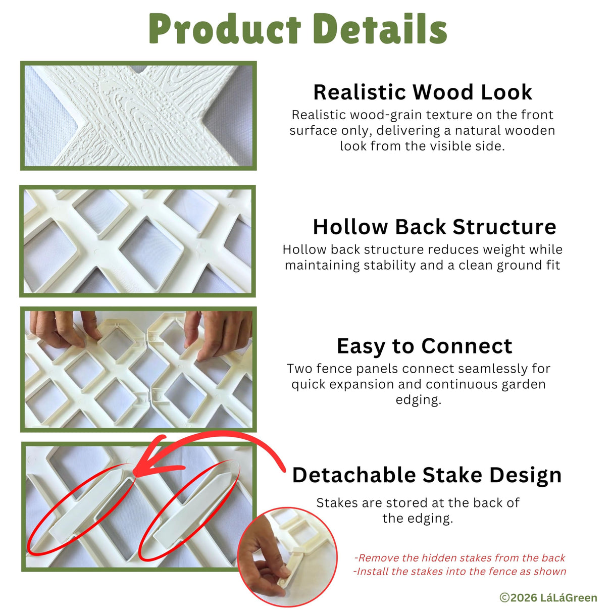 LaLaGreen Garden Edging Border (23x8.5in, 10 Pack) White Plastic Fence