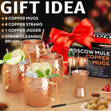 Benicci Moscow Mule Copper Mugs - Set of 4-100% HANDCRAFTED - Food Safe Pure Solid Copper Mugs - 16 oz Christmas Gift Set with Premium Quality Cocktail Straws and Jigger!